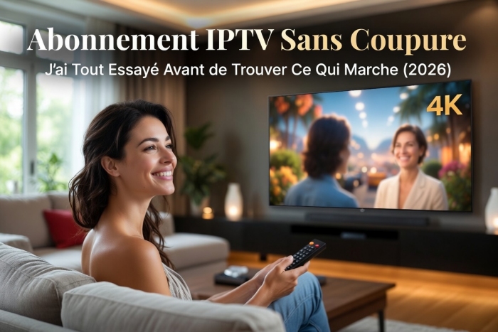 Abonnement IPTV Sans Coupure : J'ai Tout Essayé Avant de Trouver Ce Qui Marche (2026) Jeune femme souriante confortablement installée dans son salon, regardant un grand écran TV 4K avec une image fluide et sans coupure. Illustration d’un abonnement IPTV stable et de qualité en 2026.