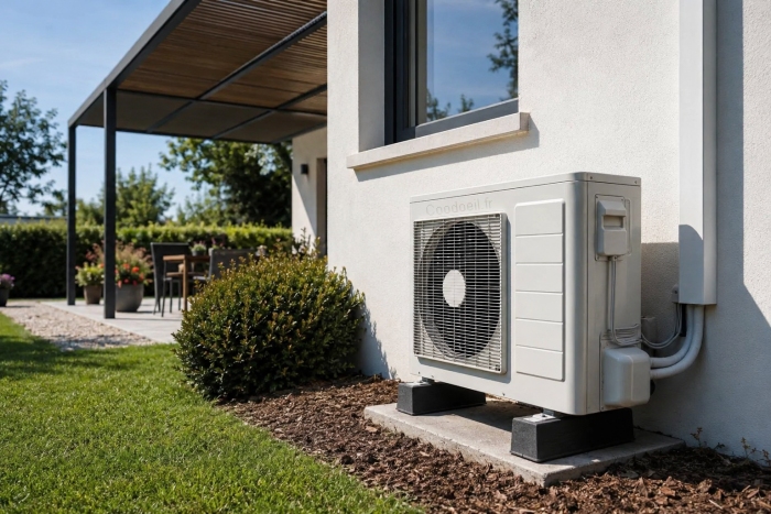 Unit&eacute; ext&eacute;rieure de climatisation install&eacute;e sur une maison moderne entour&eacute;e de v&eacute;g&eacute;tation, illustrant les solutions de rafra&icirc;chissement de l'habitat lors des fortes chaleurs estivales.