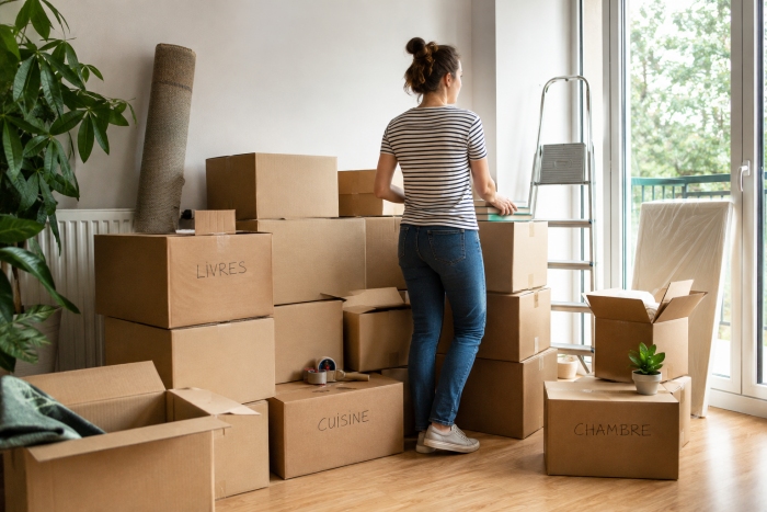 Déménagement à Montpellier : organiser ses cartons et ses affaires Femme organisant des cartons dans un appartement lumineux pendant un déménagement, avec des boîtes classées par pièces, du mobilier emballé et du matériel de rangement.