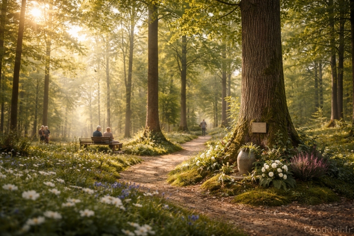 Illustration d&rsquo;une for&ecirc;t cin&eacute;raire en pleine nature, o&ugrave; des urnes biod&eacute;gradables reposent au pied des arbres. Ce lieu de recueillement &eacute;cologique offre une alternative apaisante et durable aux cimeti&egrave;res traditionnels, en harmonie avec l&rsquo;environnement.