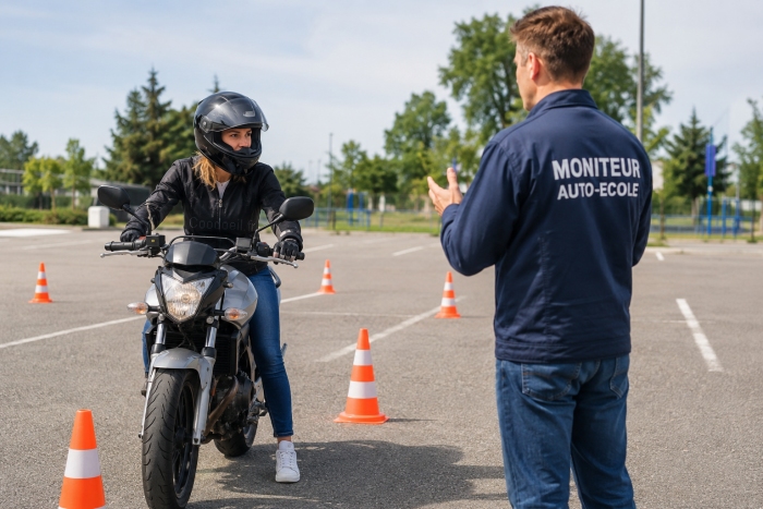 Formation permis 125 : apprentissage de la conduite d'une moto 125 cm³ Moniteur d'auto-école accompagnant un élève lors d'une formation permis 125 sur une moto 125 cm³, avec exercices de maniabilité sur plateau en France.