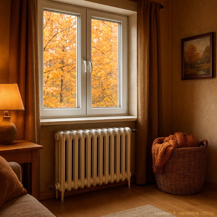 Maison chaleureuse en automne avec radiateur et fenêtres isolées