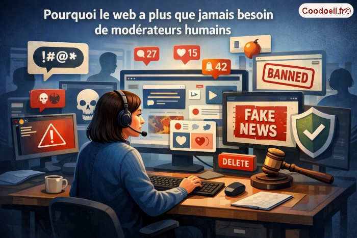 femme mod&eacute;ratrice concentr&eacute;e devant plusieurs &eacute;crans affichant des alertes, des messages et des symboles de d&eacute;sinformation. Autour d&rsquo;elle, des ic&ocirc;nes &eacute;voquent les dangers du web?: insultes, fake news, menaces et harc&egrave;lement. L&rsquo;ensemble illustre le r&ocirc;le crucial des mod&eacute;rateurs humains pour pr&eacute;server la s&eacute;curit&eacute; et la qualit&eacute; des &eacute;changes en ligne.