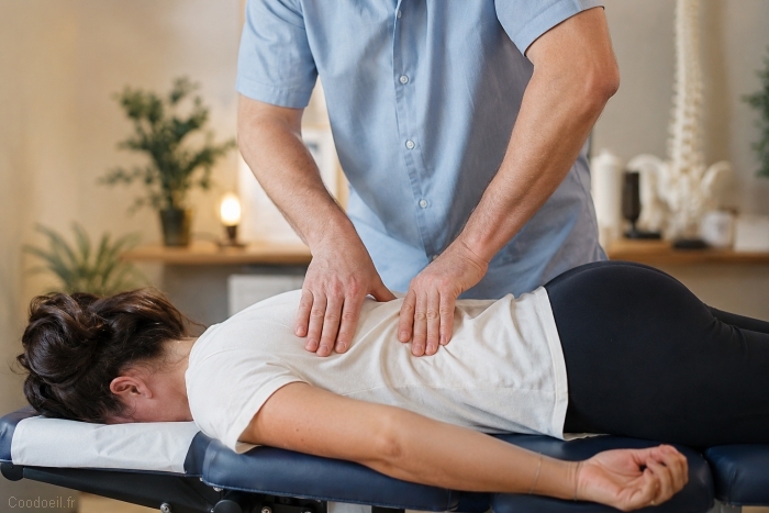 Une ostéopathe réalise des manipulations douces sur le dos d'une patiente allongée lors d'une séance d'ostéopathie destinée à soulager les douleurs lombaires. Lors d'une consultation d'ostéopathie, le praticien évalue la mobilité des articulations, des muscles et des tissus afin d'identifier d'éventuelles restrictions pouvant contribuer aux douleurs dorsales. Les manipulations sont souvent douces et adaptées à chaque patient.