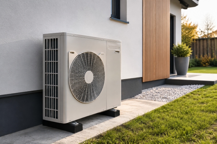 Pompe à chaleur installée sur une maison rénovée en Normandie Unité extérieure de pompe à chaleur air-eau installée à côté d’une maison moderne dans le cadre d’une rénovation énergétique en Normandie.