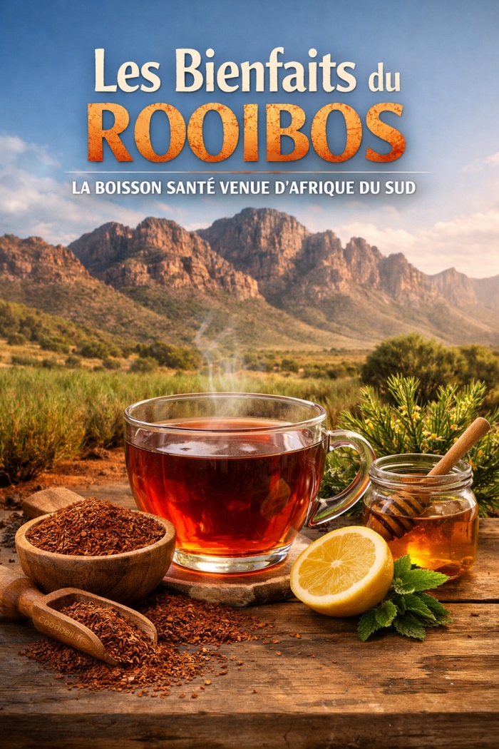 Rooibos : bienfaits, origine et secrets de l’infusion santé venue d’Afrique du Sud Tasse de rooibos fumante accompagnée de feuilles séchées, miel et citron, avec les montagnes du Cederberg en arrière-plan, illustrant une infusion naturelle aux nombreux bienfaits.