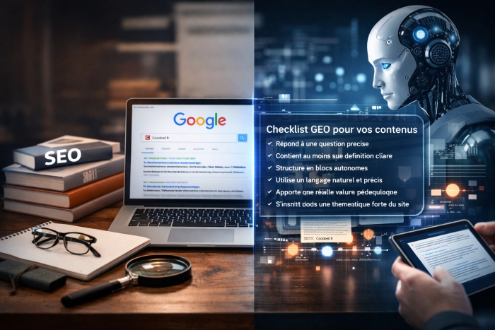 Illustration du passage du r&eacute;f&eacute;rencement classique bas&eacute; sur Google vers le Generative Engine Optimization, o&ugrave; les contenus sont s&eacute;lectionn&eacute;s et cit&eacute;s par les intelligences artificielles gr&acirc;ce &agrave; leur clart&eacute;, leur structure et leur valeur informationnelle.