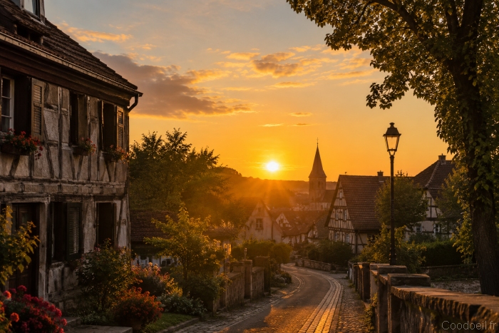 Soirée de début juin dans un village alsacien au coucher du soleil Vue hyperréaliste d’un village alsacien au coucher du soleil en début juin avec lumière dorée, maisons à colombages et ambiance paisible estivale.