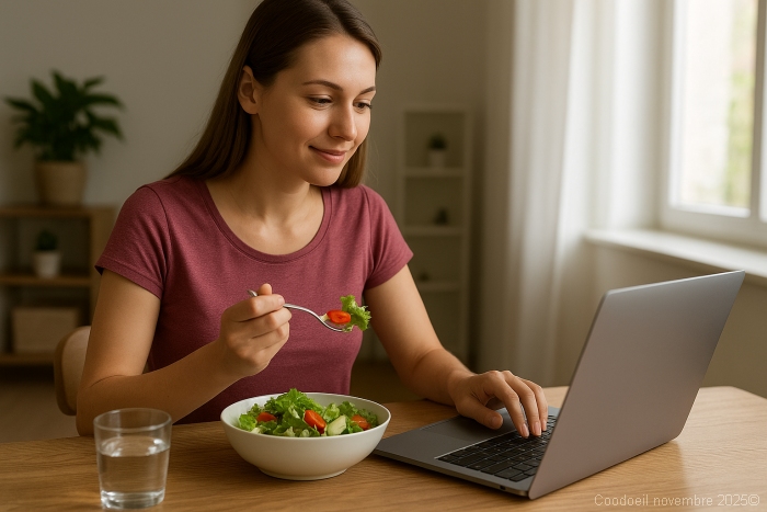 Femme prenant un repas équilibré tout en utilisant ChatGPT sur son ordinateur pour suivre sa perte de poids et recevoir des conseils nutritionnels quotidiens.